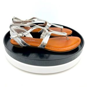 Gianni Bini Size 7.5 Silver Sandals Strappy Padded Leather Top Cork Sole